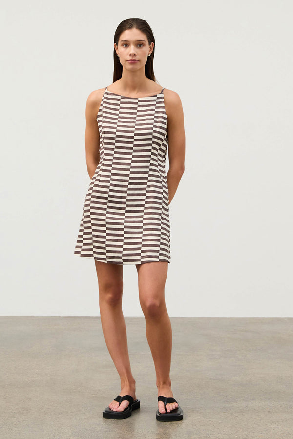 Cocoa Grid Linen Mini Dress