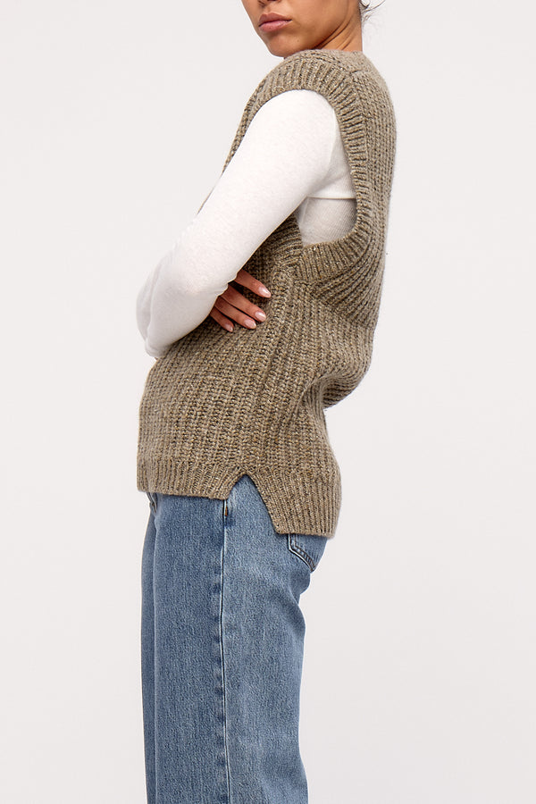 Olive Merino Wool Blend Rib Knit Vest
