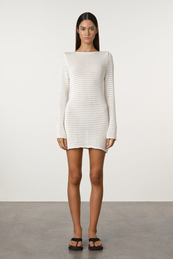 Crochet Lattice Knit Mini Dress - White