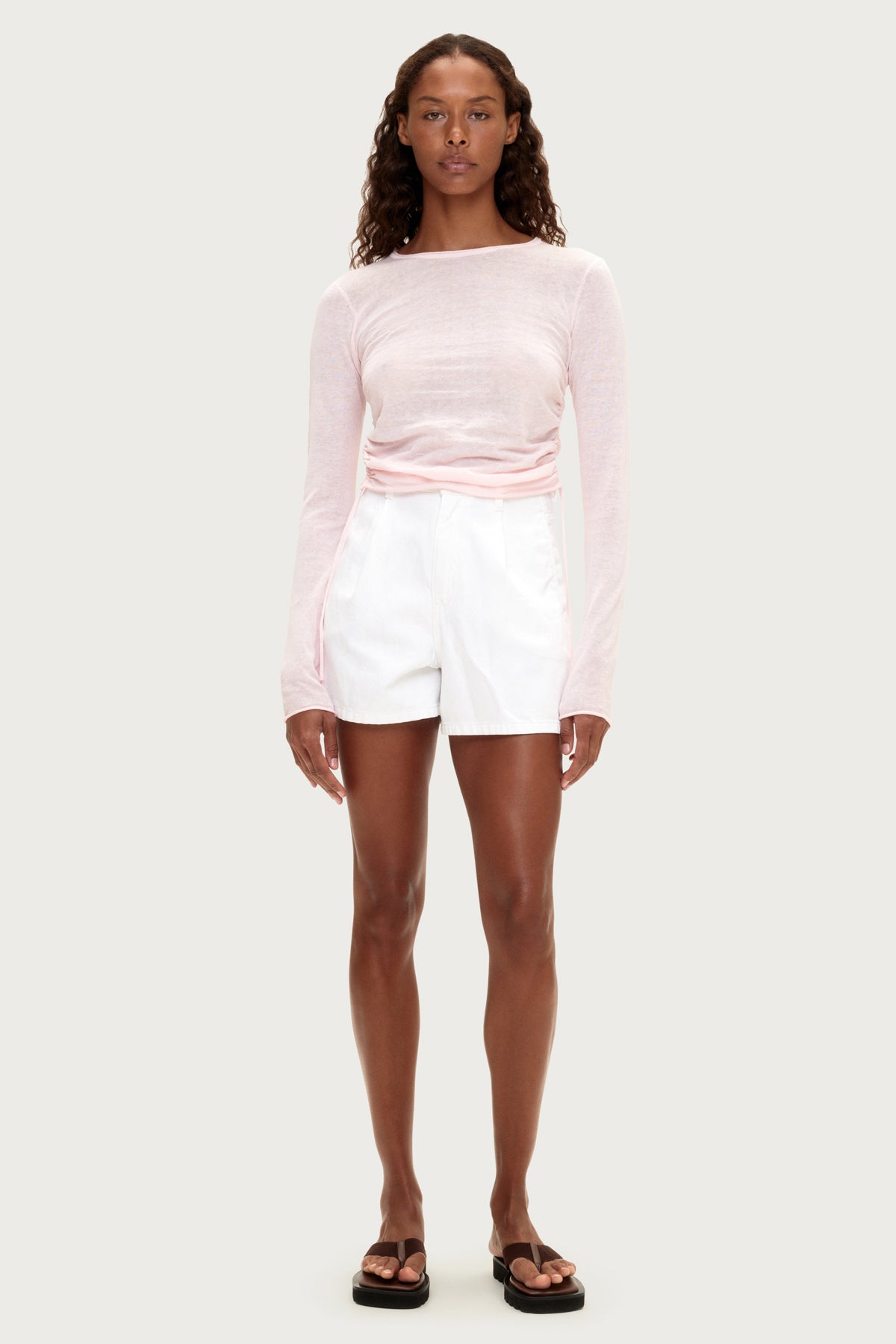 Gathered Long Sleeve Knit Top - Soft Pink