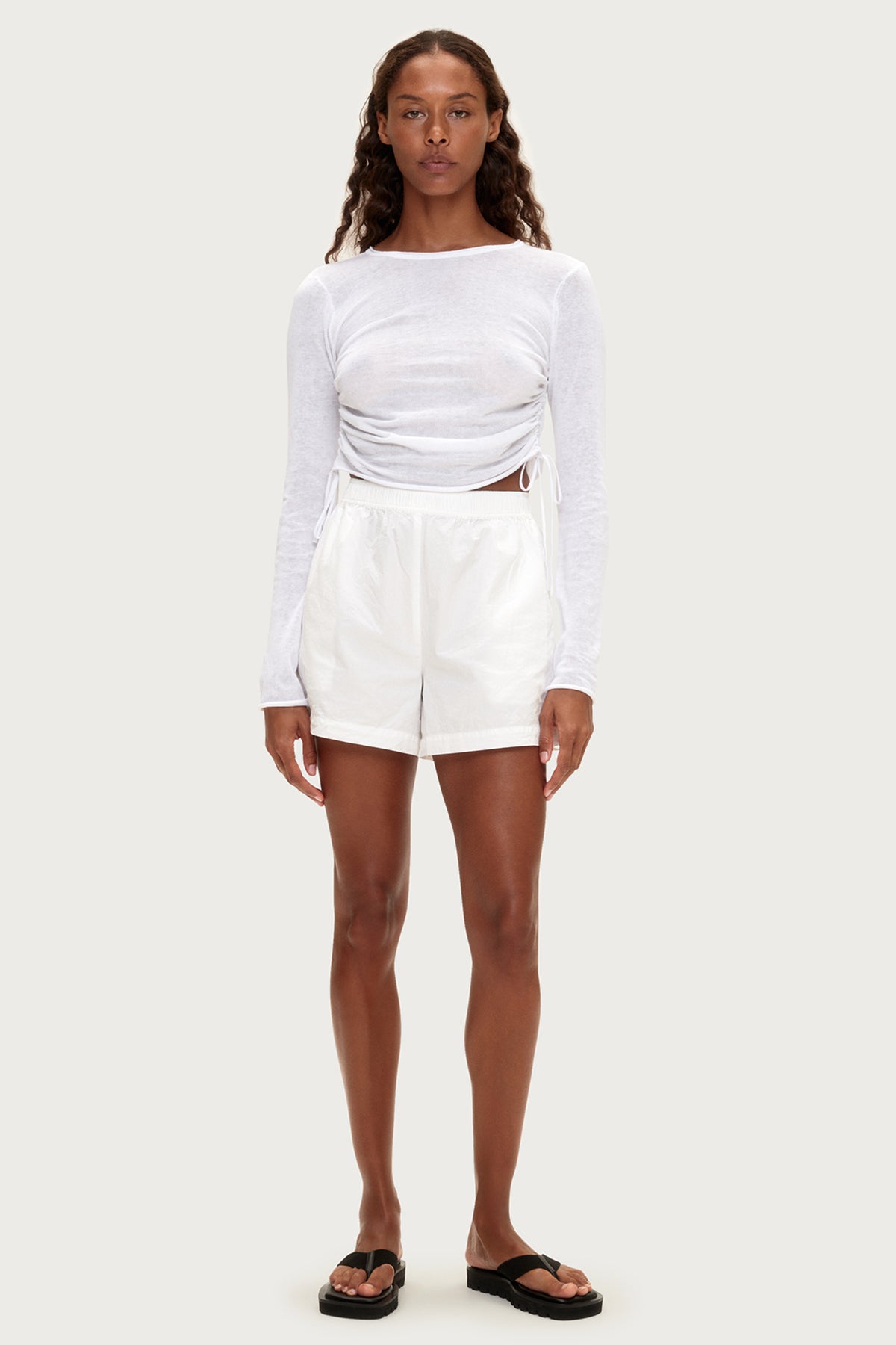 Gathered Knit Long Sleeve Top - White