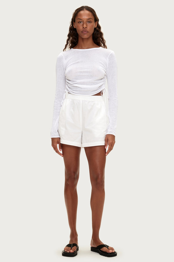 Gathered Knit Long Sleeve Top - White