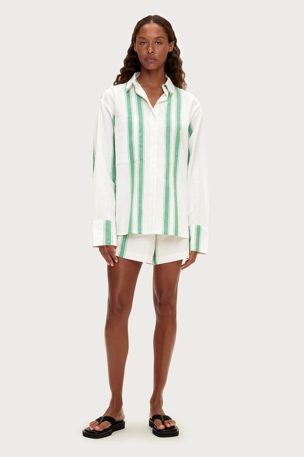 Cotton Linen Shirt - Green Stripe