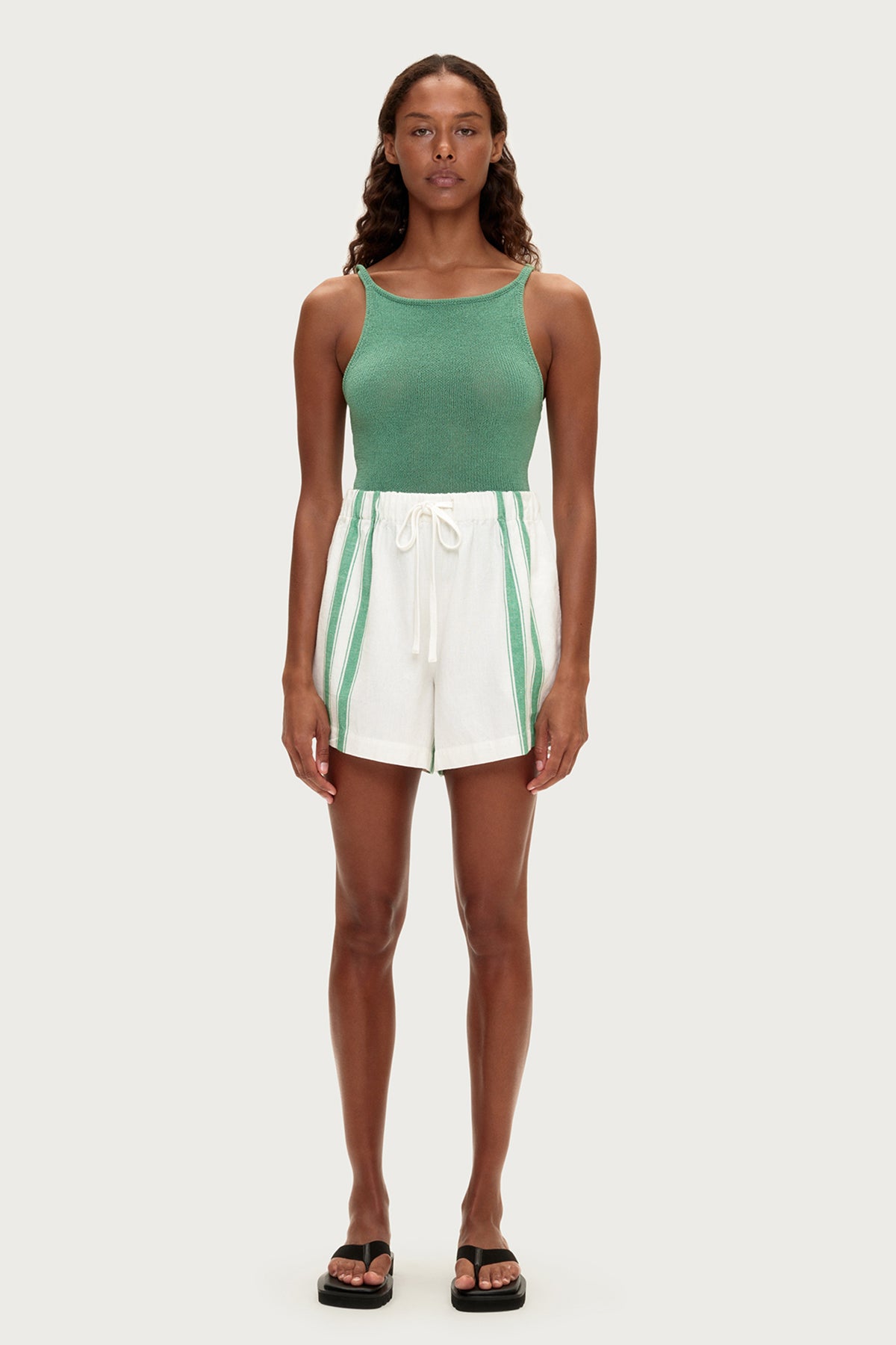 Cotton Linen Short - Green Stripe