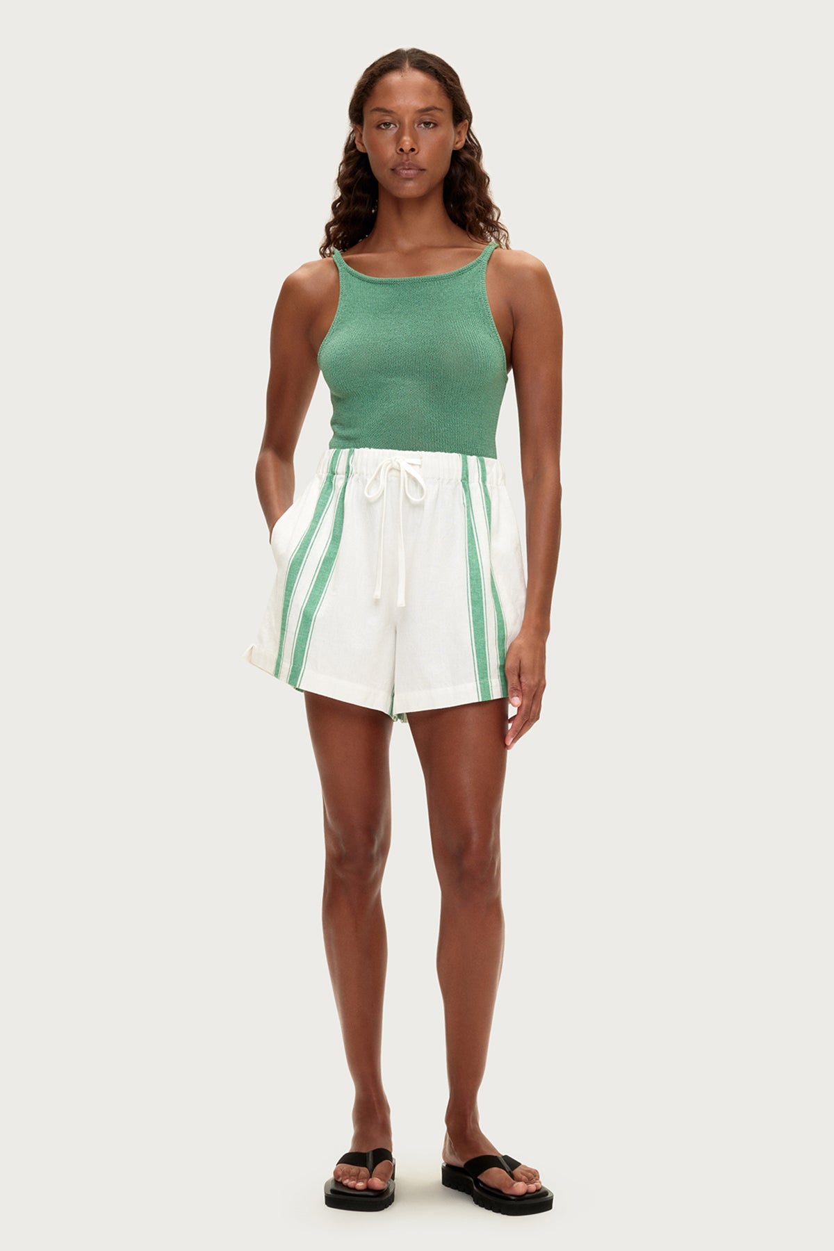 Cotton Linen Short - Green Stripe