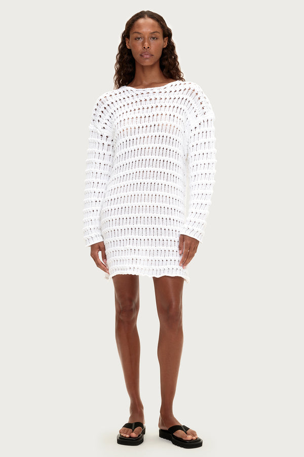 Crochet Knit Mini Dress - White