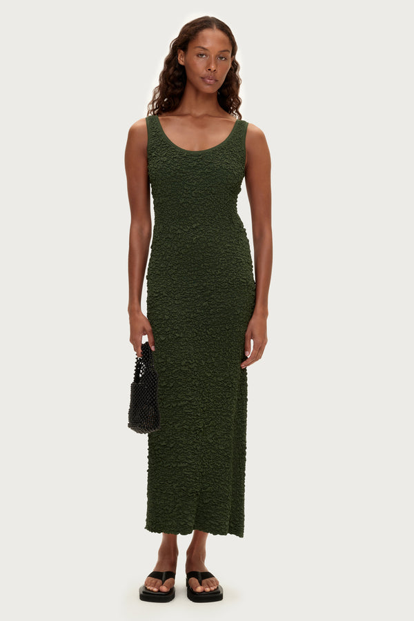 Crinkle Knit Dress - Tallow Green