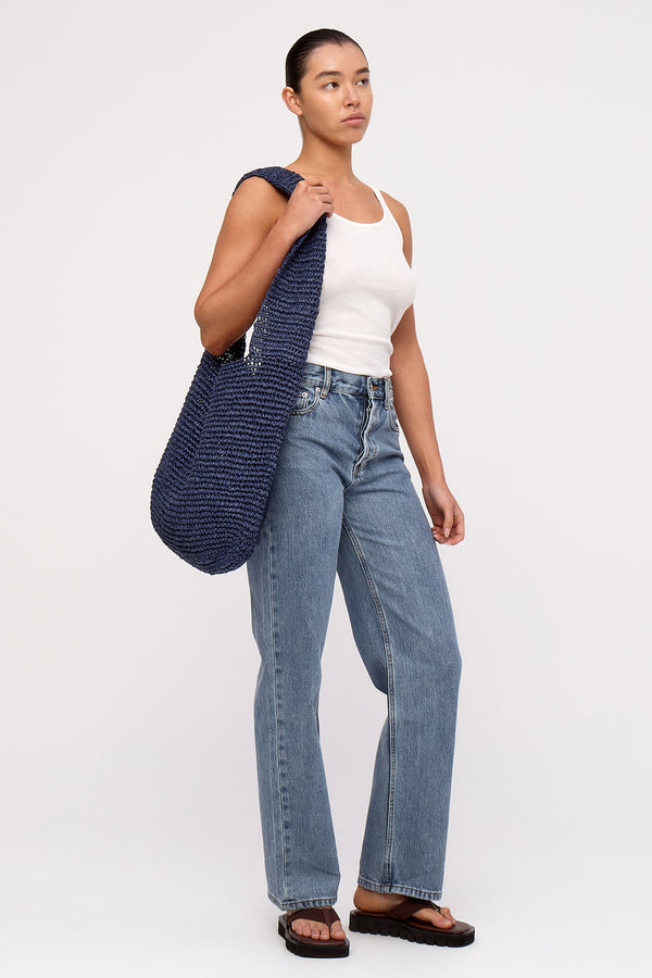 Large Straw Tote Bag - Navy