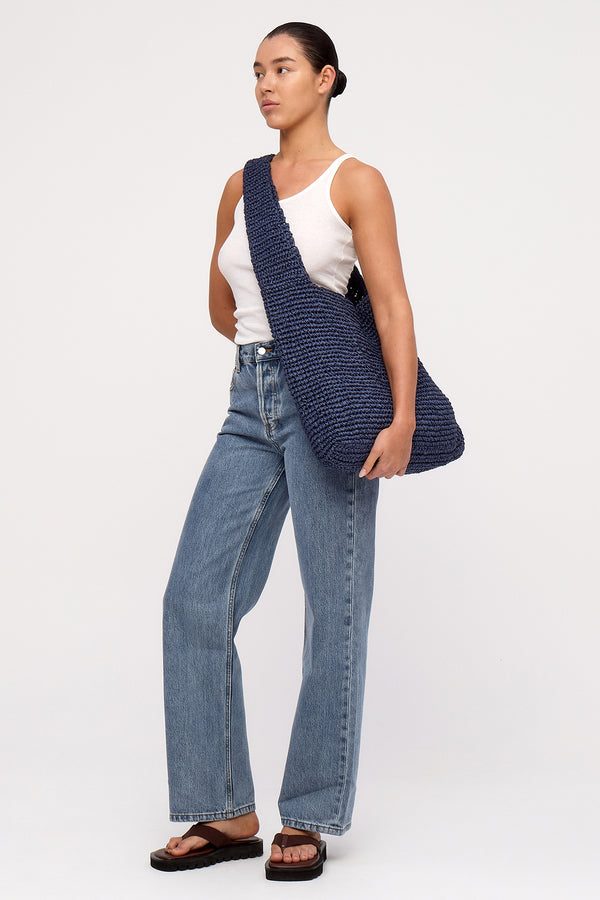 Large Straw Tote Bag - Navy