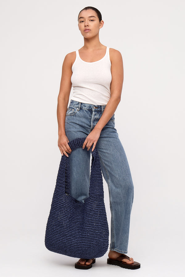 Large Straw Tote Bag - Navy