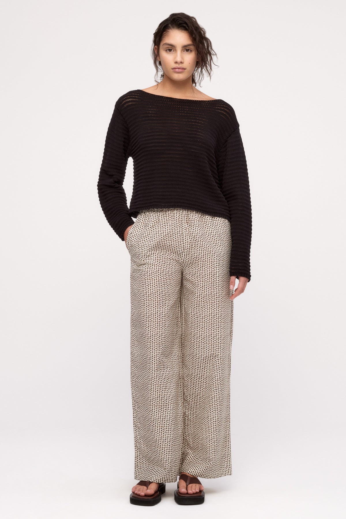 Cotton Lattice Knit Top - Black