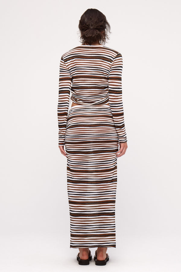 Gathered Long Sleeve Knit Top - Black Stripe