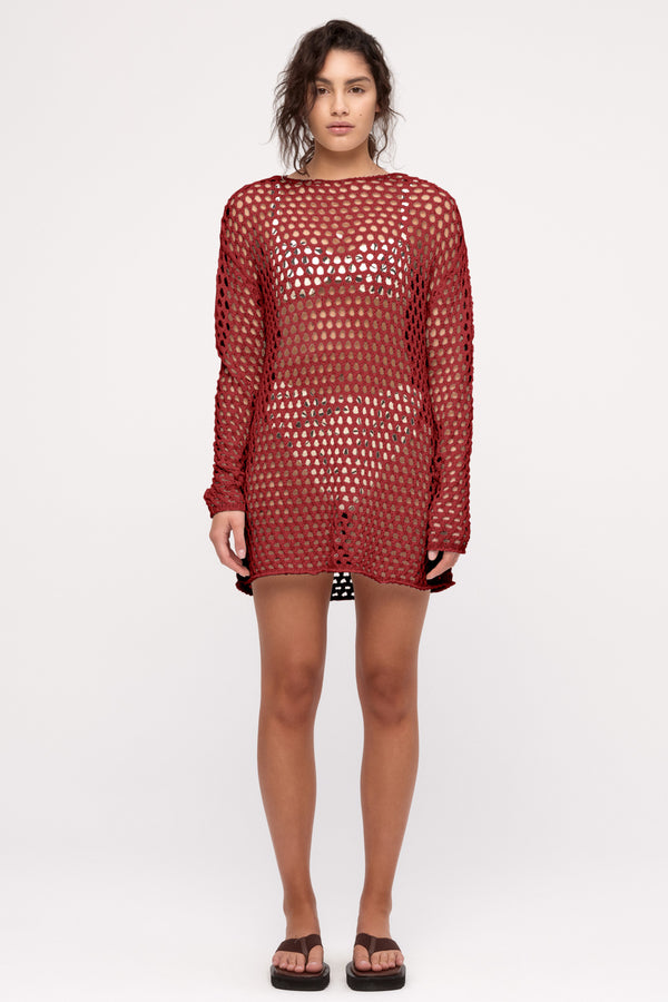 Crochet Knit Tunic Dress - Deep Red