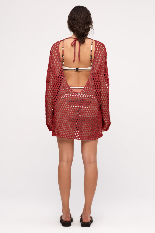 Crochet Knit Tunic Dress - Deep Red