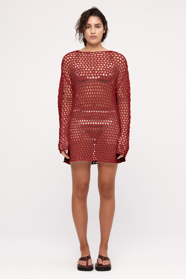 Crochet Knit Tunic Dress - Deep Red