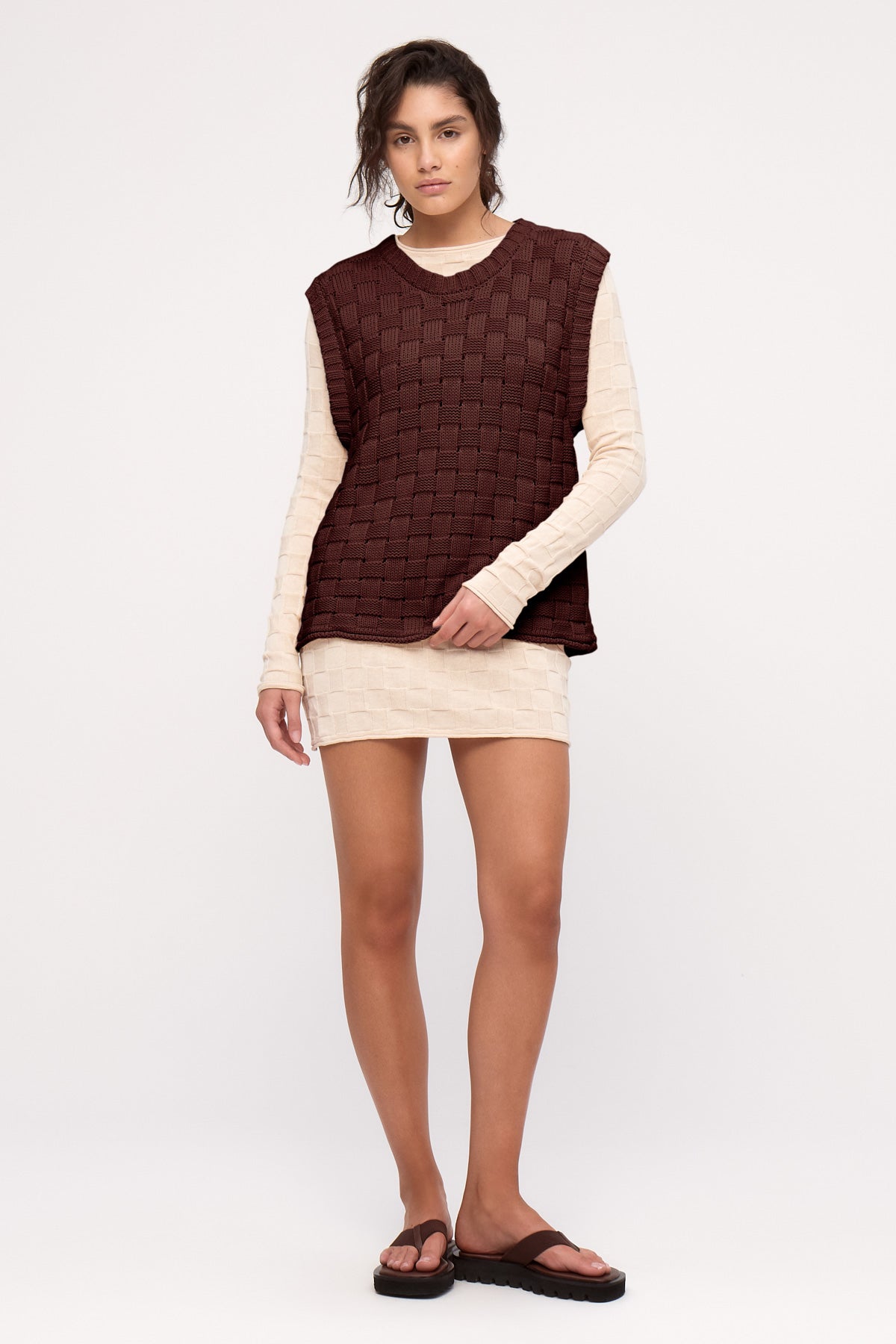 Basketweave Knit Vest - Deep Brown