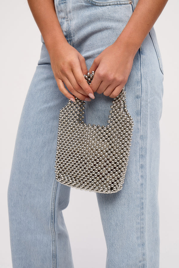 Mini Beaded Bucket Bag - Silver