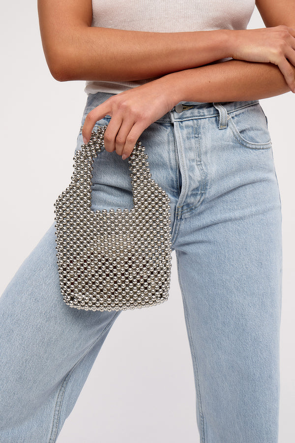 Mini Beaded Bucket Bag - Silver