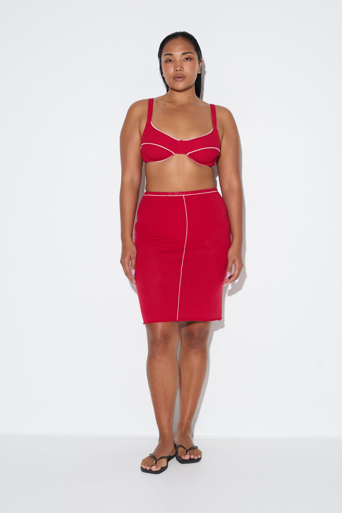 Soft Contrast Knit Skirt - Cherry Red