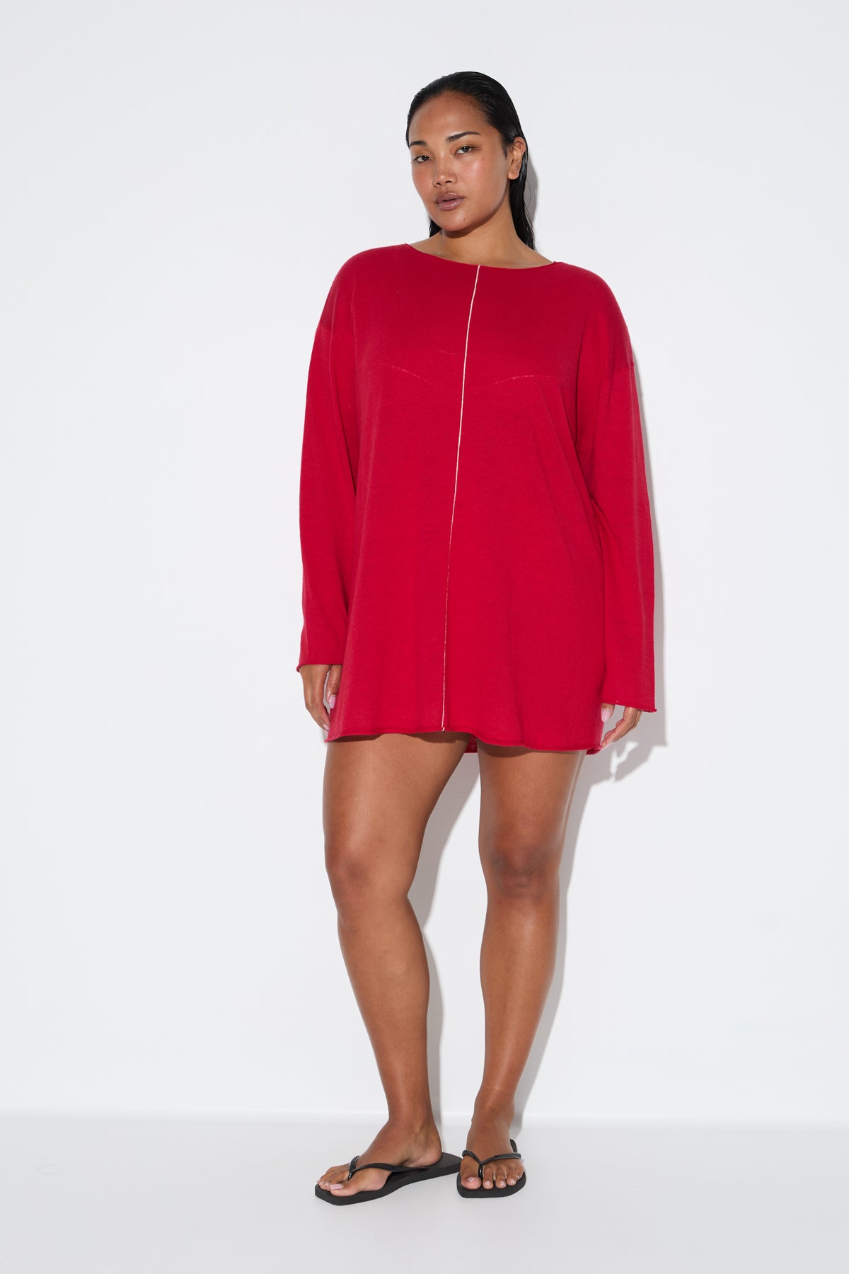 Soft Contrast Knit Mini Dress - Cherry Red