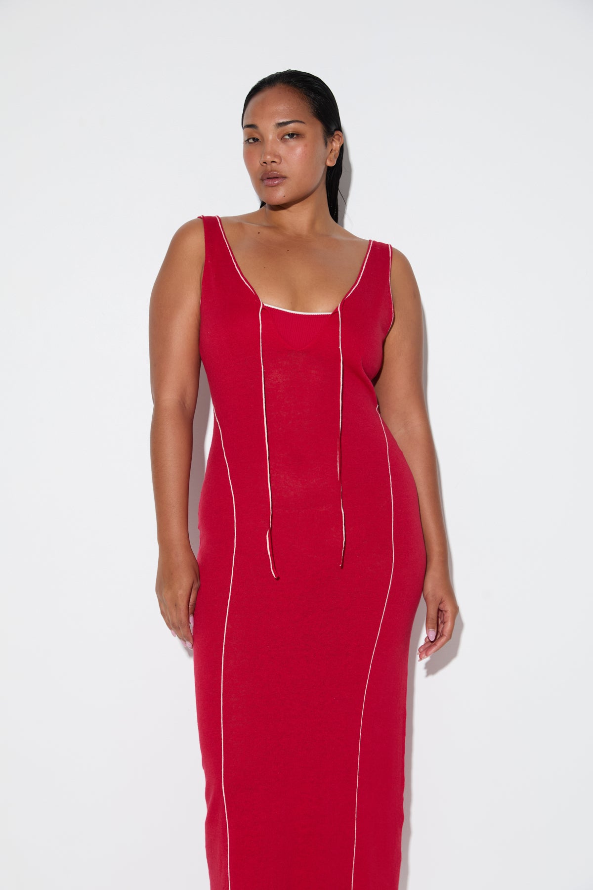 Soft Contrast Knit Dress - Cherry Red