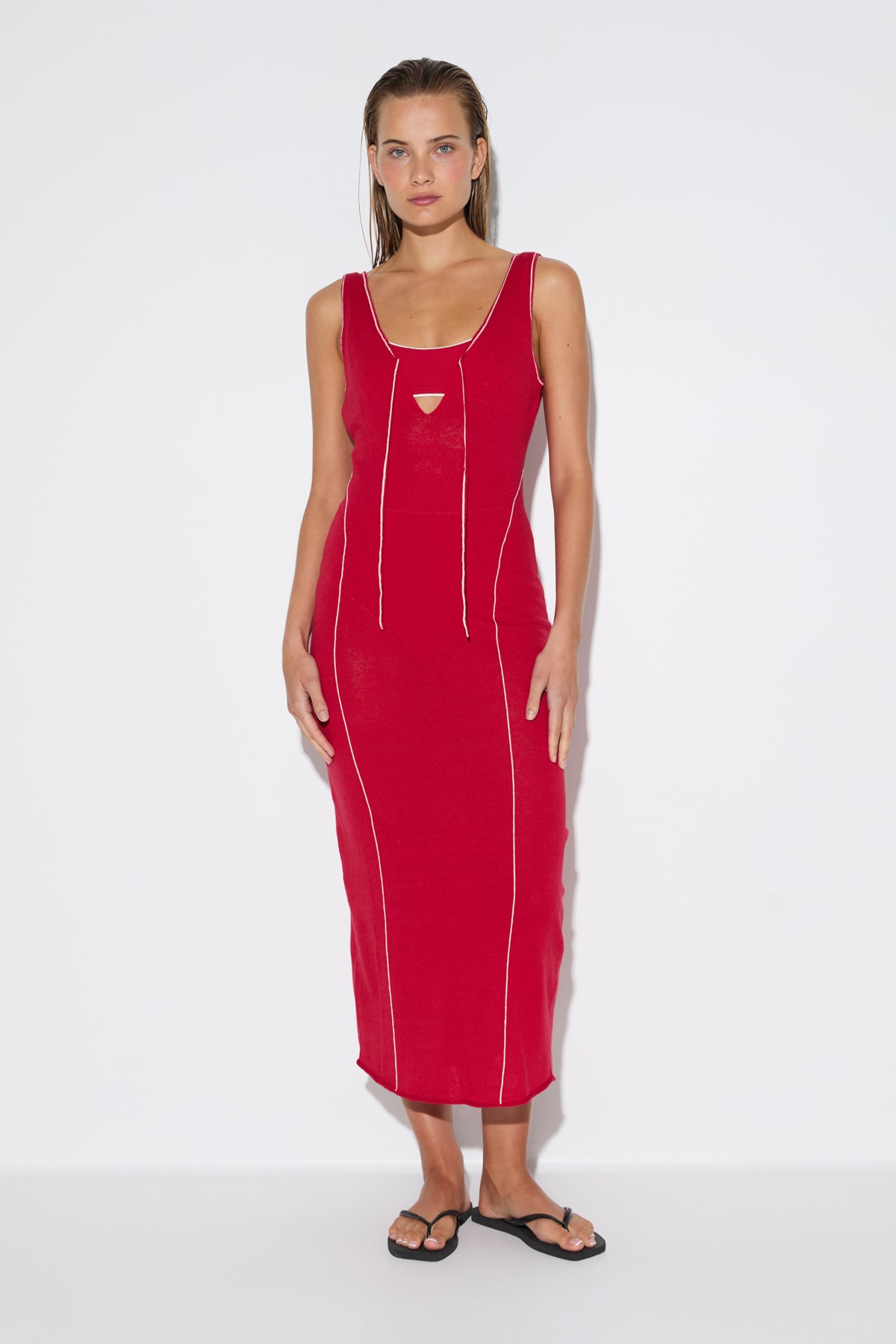 Soft Contrast Knit Dress - Cherry Red