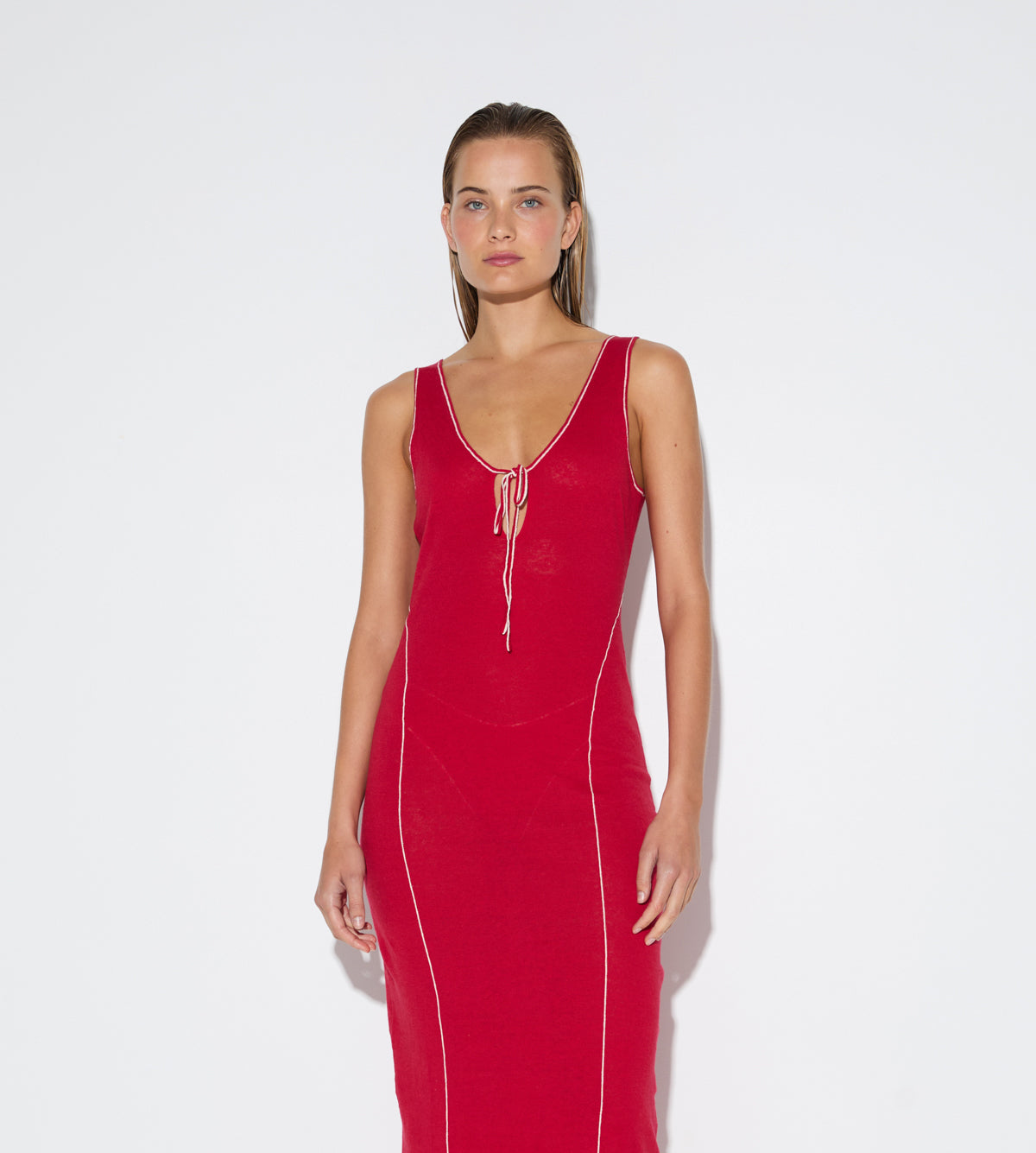Soft Contrast Knit Dress - Cherry Red
