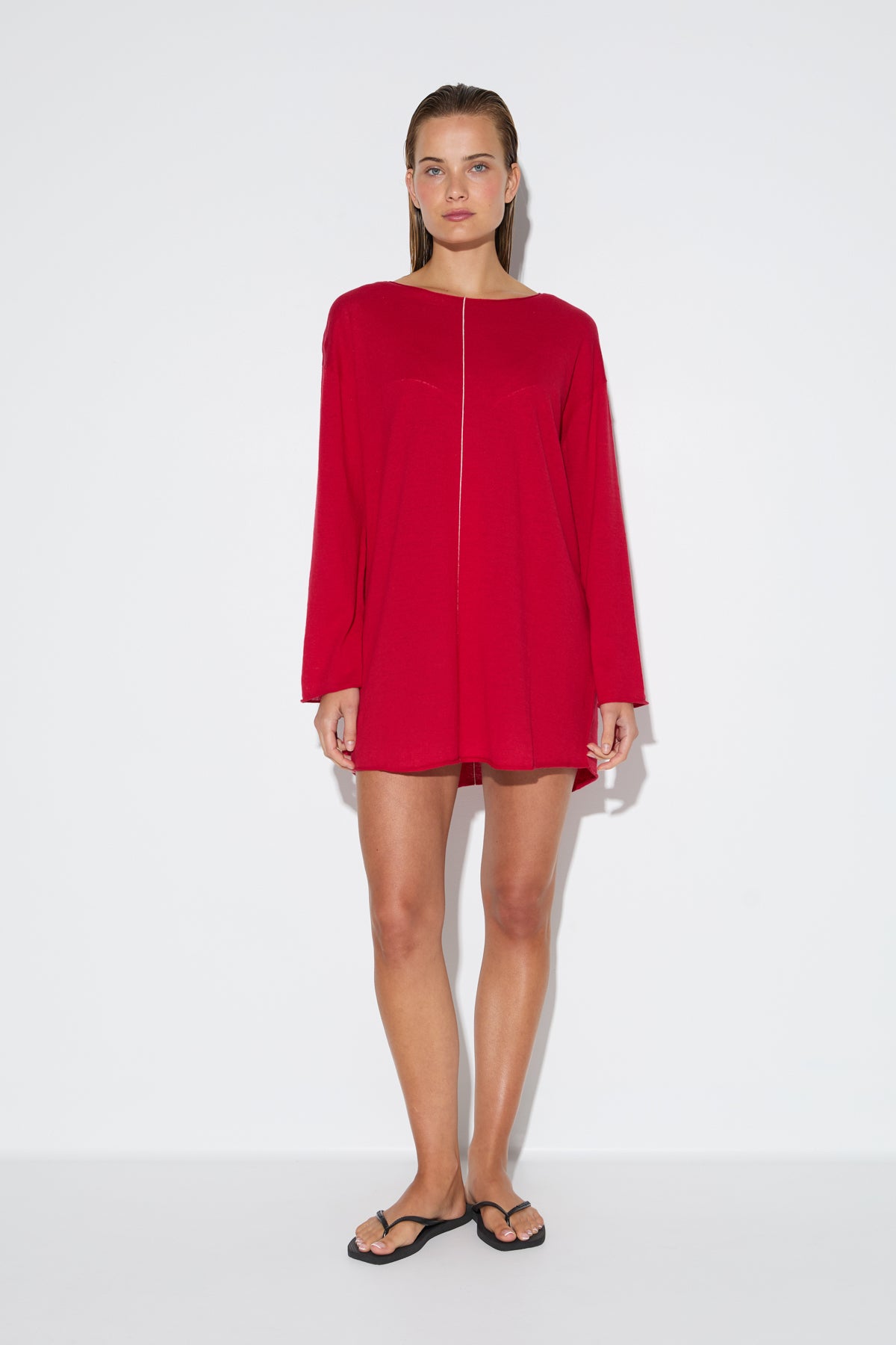 Soft Contrast Knit Mini Dress - Cherry Red