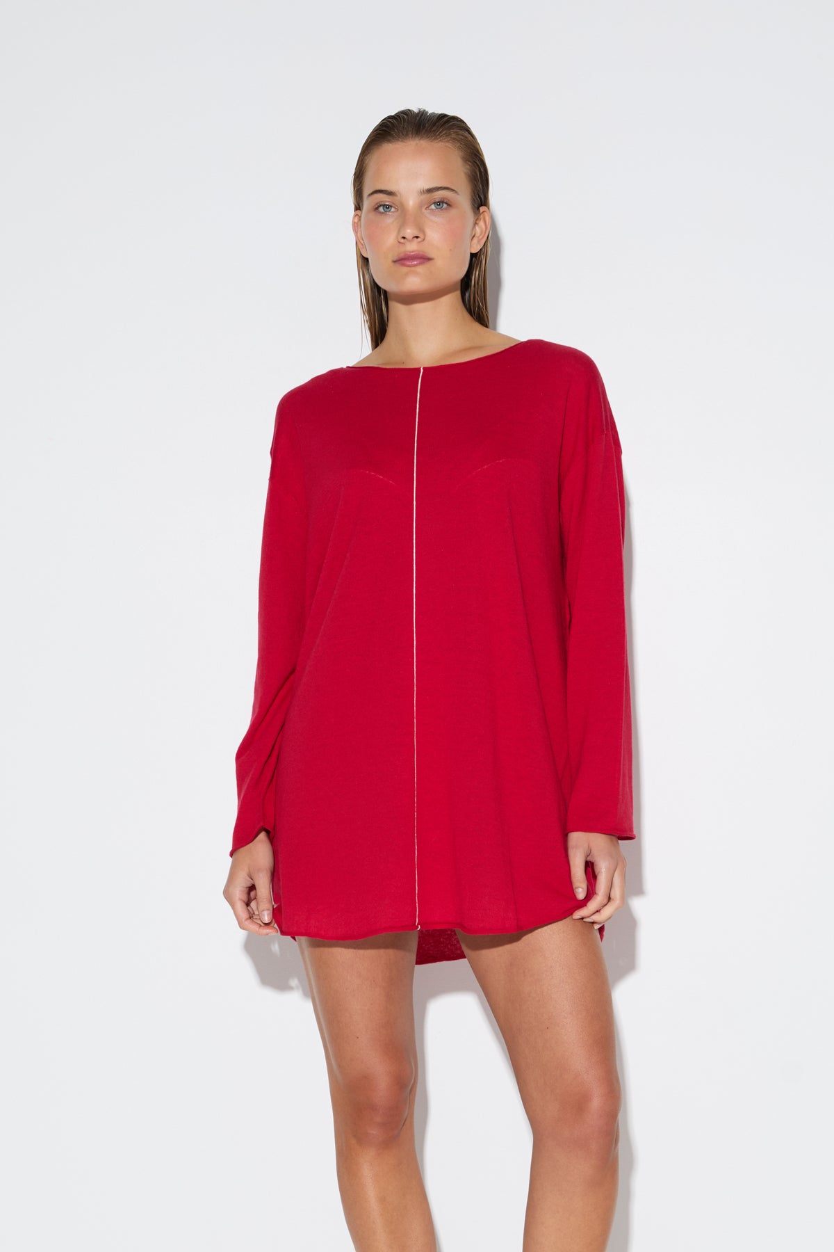 Soft Contrast Knit Mini Dress - Cherry Red