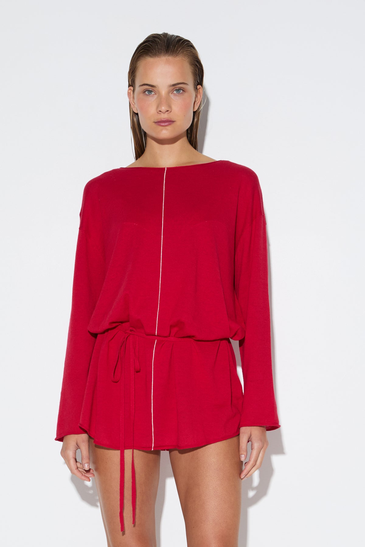 Soft Contrast Knit Mini Dress - Cherry Red