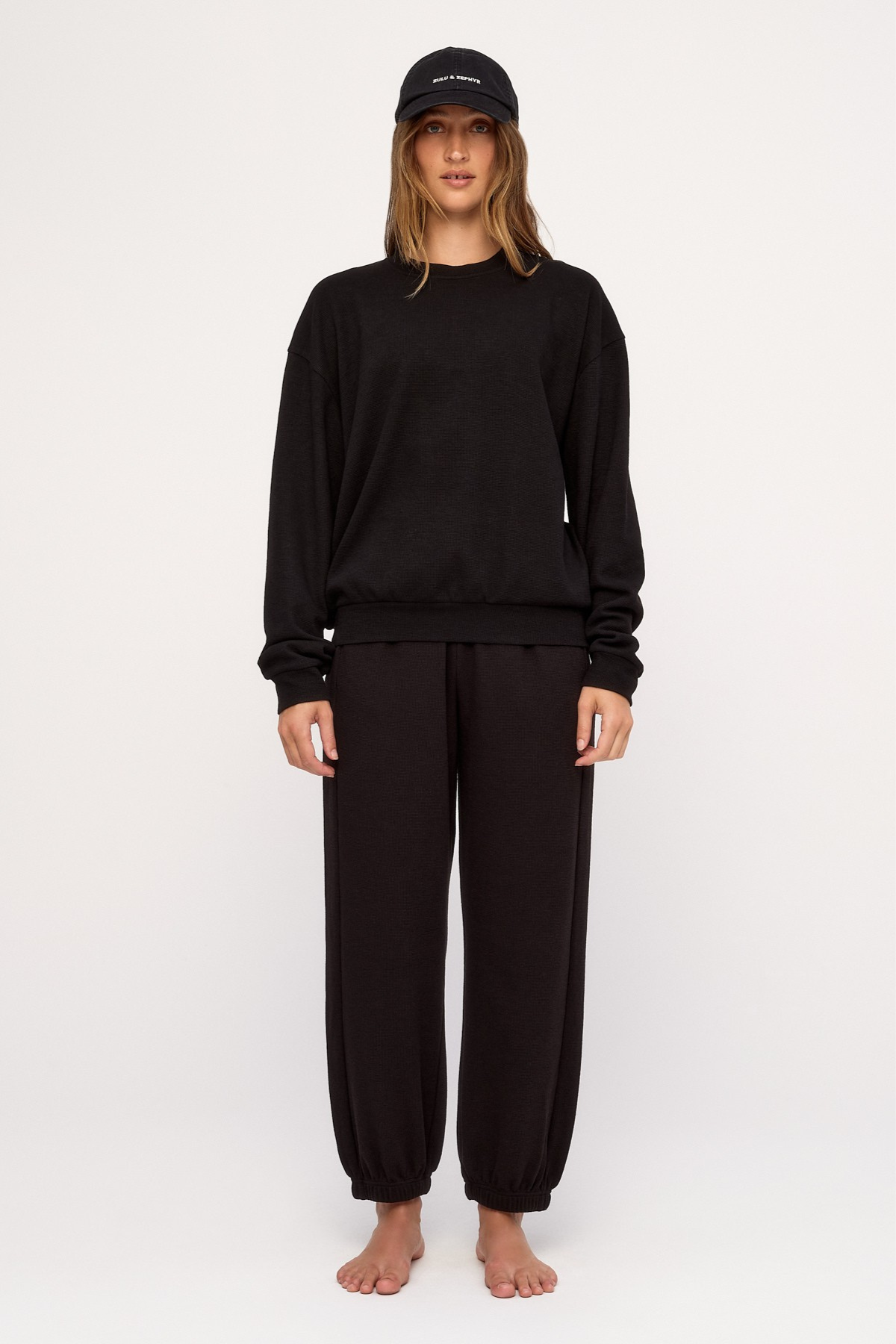 Waffle Textured Sport Sweat Shirt - Black