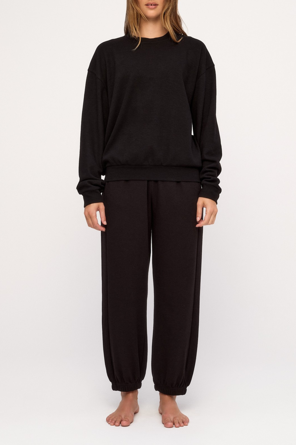 Waffle Textured Sport Sweat Shirt - Black
