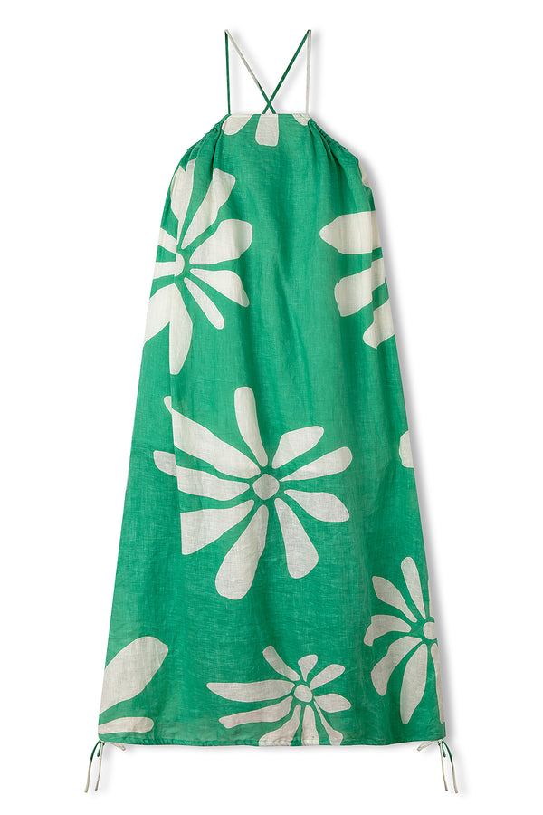 Green Flower Linen Drawcord Dress